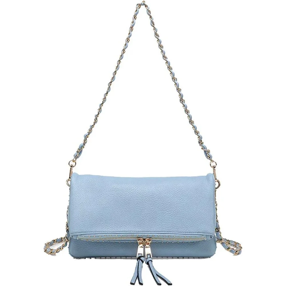 Vegan Crossbody Bag Powder Blue Edgy Studded Details Organizer Secure